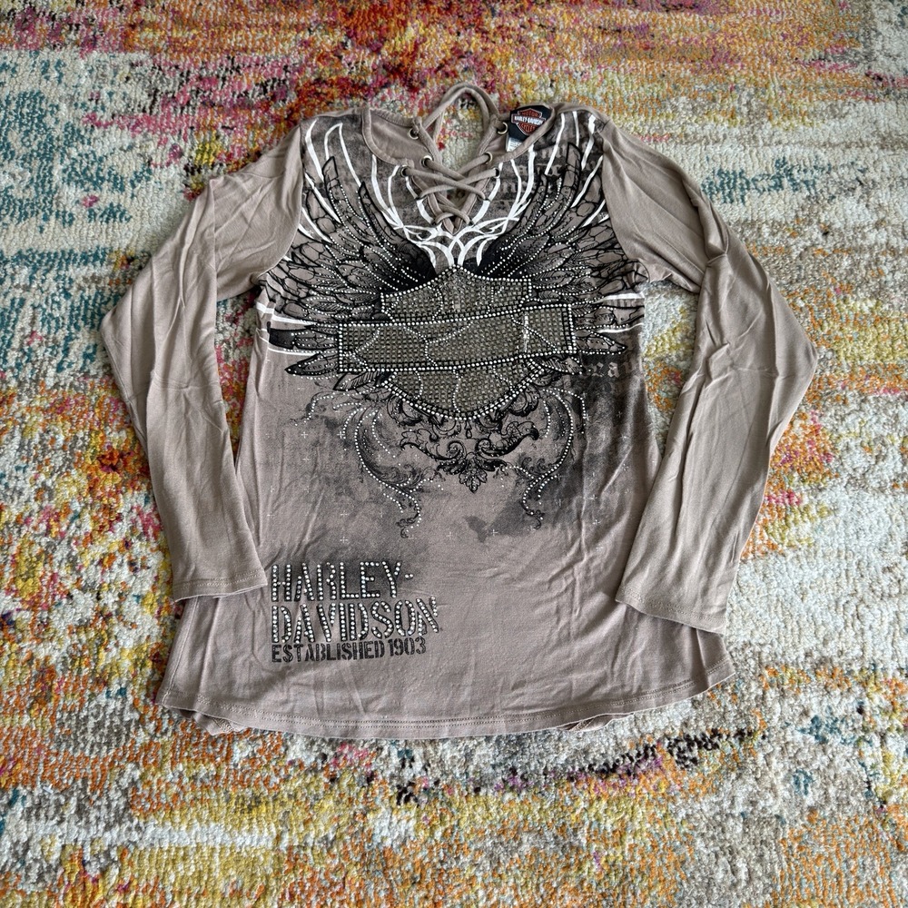 Y2K Harley Davidson Women's Long Sleeve Top Rattlesnake Sequence Size Small